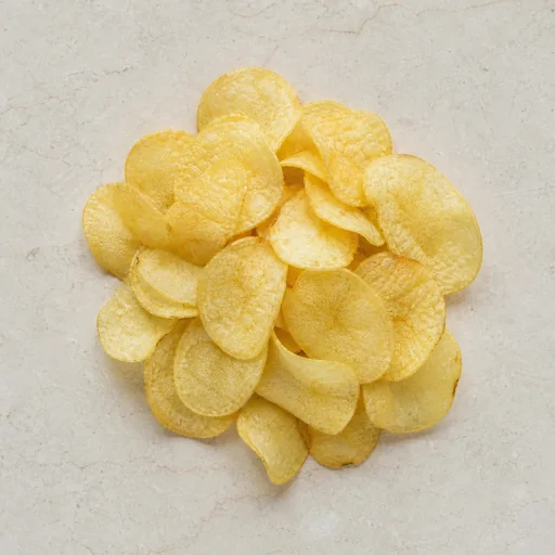 A pile of plain potato chips